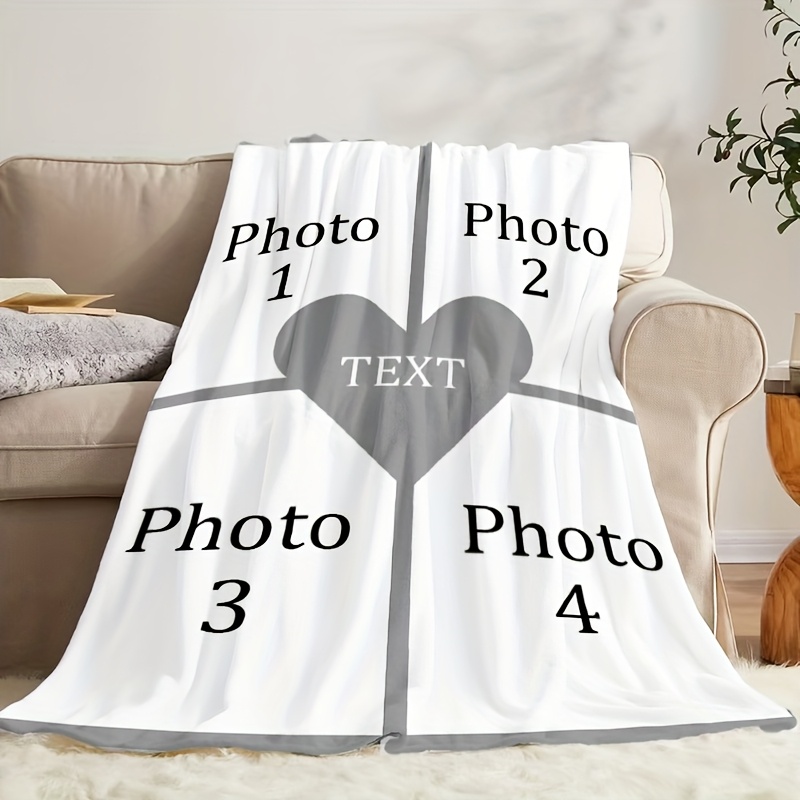 Personalized Photo Heart Pattern Flannel Blanket - Gift for Family